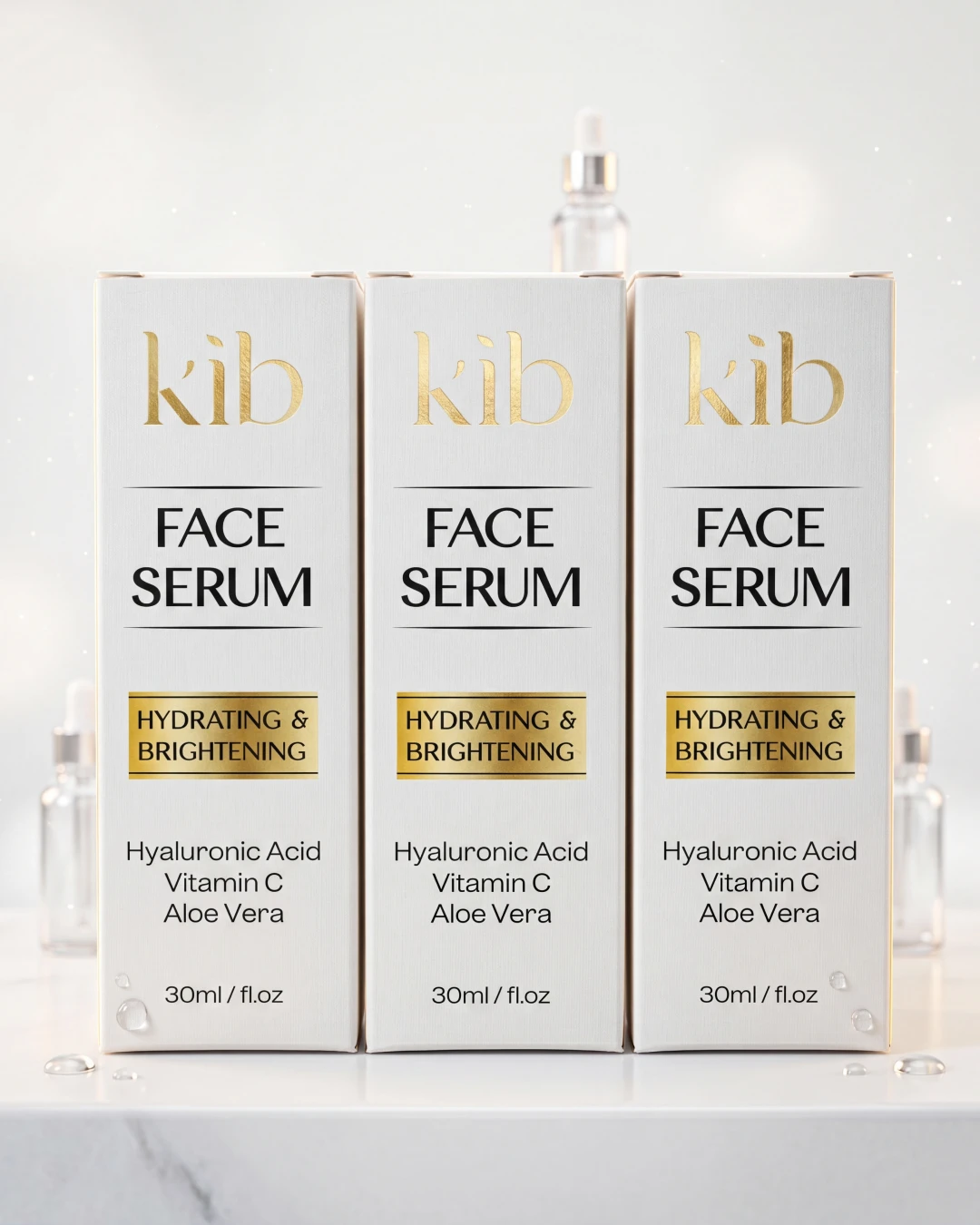 Pesë shishe KIB Face Serum të rreshtuara mbi mermer